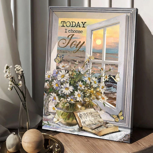 Daisy flower Bible Cross symbol Beach view Jesus Today I choose joy - Matte Canvas
