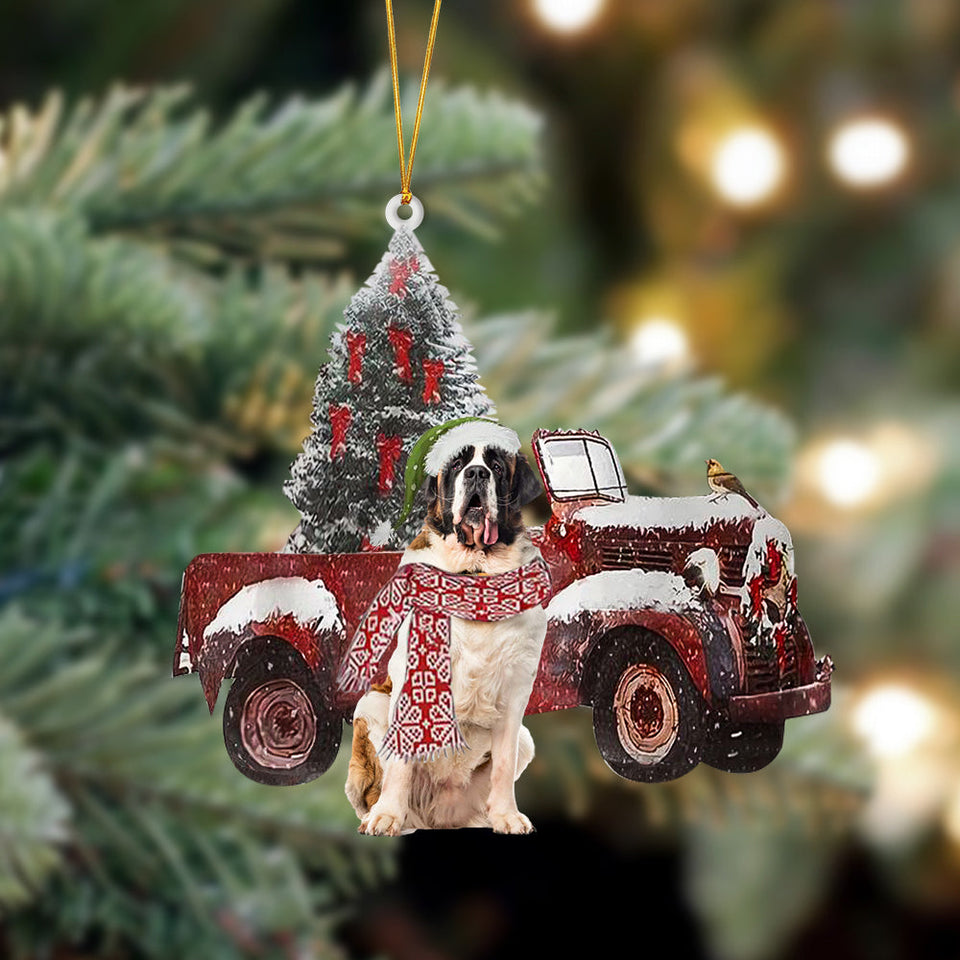 Godmerch- Ornament- St Bernard-Christmas Truck Two Sided Ornament, Happy Christmas Ornament, Car Ornament