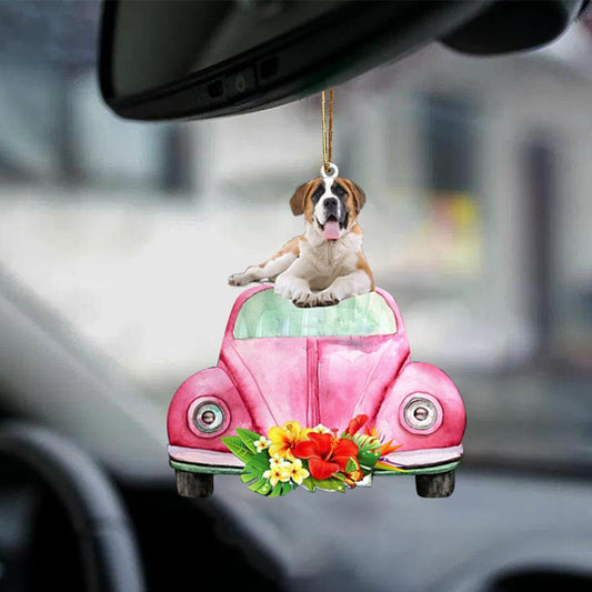 St Bernard-Pink Hippie Car-Two Sided Ornament