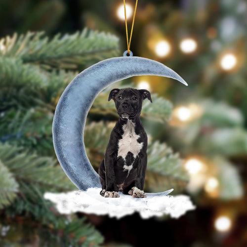 Godmerch- Staffordshire Bull Terrier 02 Sits On The Moon Hanging Ornament, Car Ornament, Christmas Ornament