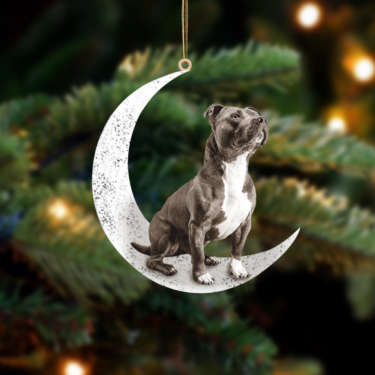 Staffordshire Bull Terrier Sit On The Moon Two Sided Ornaments Dog Hanging Christmas Ornament