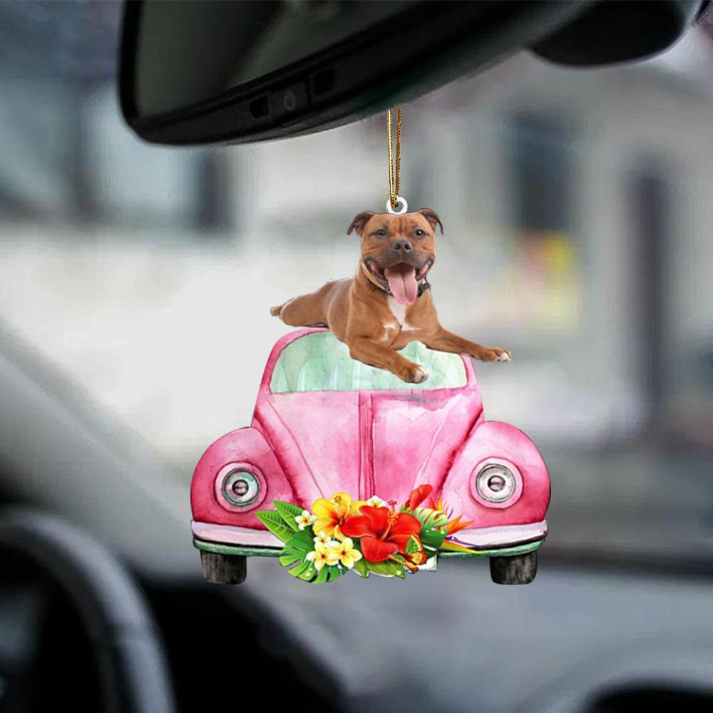 Staffordshire Bull Terrier 2-Pink Hippie Car-Two Sided Ornament