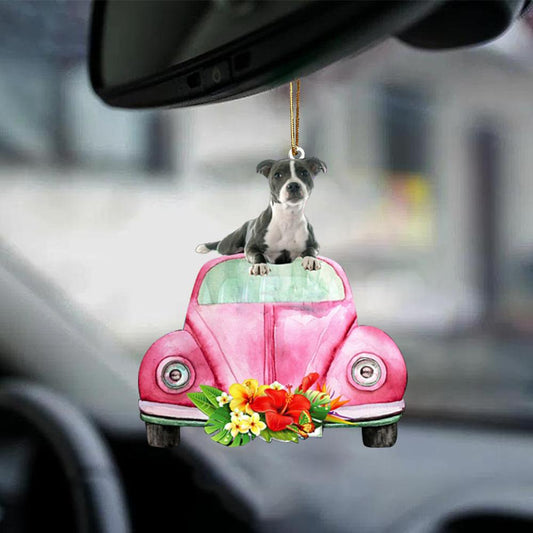 Staffordshire Bull Terrier 3-Pink Hippie Car-Two Sided Ornament