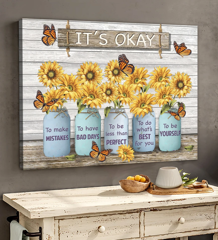 Monarch Butterfly Sunflower Mason Jar Canvas Wall Art, Wall Decor Visual Art It'S Okay To Make Mistakes