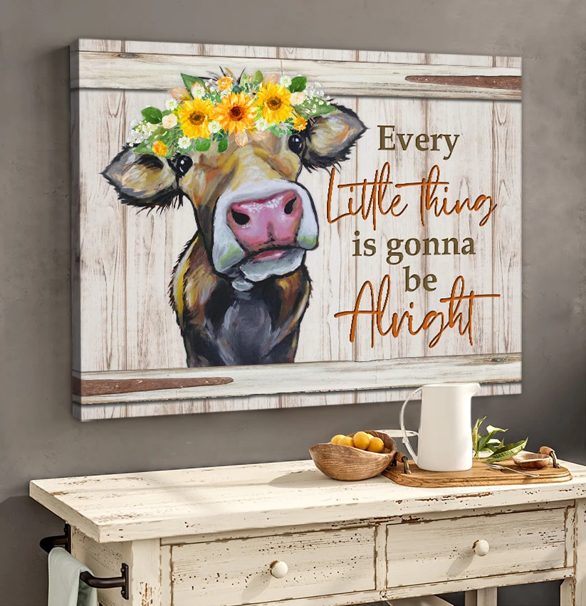 Cute Cow Canvas Wall Art, Every Little Thing Is Gonna Be Alright Farmhouse Wall Art Wall Décor