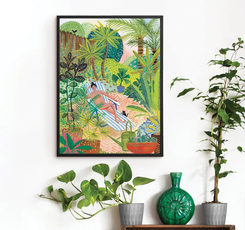 Sunbathing Nude Lady Art Print Painting. Tropical Garden With Botanical Plants Wall Art. Funny Comical Cat Canvas And Poster, Wall Decor Visual Art