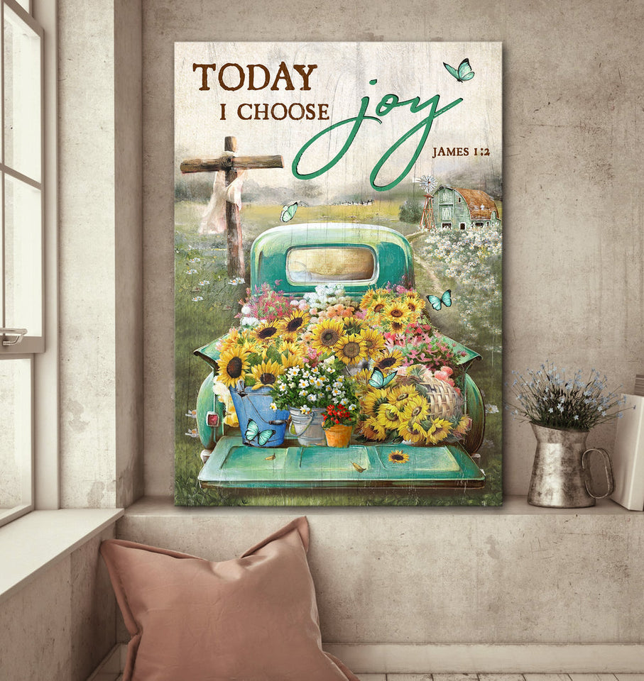 Sunflower car Flower field Wooden Cross Today I choose Joy - Matte Canvas