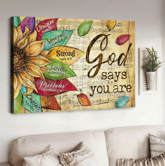 Sunflower drawing, Flower petals, Music sheet, God says you are - Matte Canvas