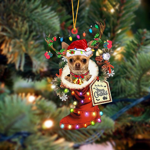 Godmerch- Ornament- TAN Chihuahua 1-Xmas Boot-Two Sided Ornament, Happy Christmas Ornament, Car Ornament