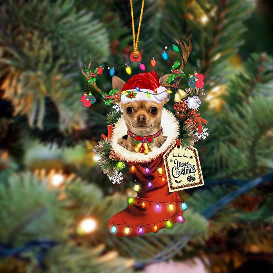 Godmerch- Ornament- TAN Chihuahua 1-Xmas Boot-Two Sided Ornament, Happy Christmas Ornament, Car Ornament