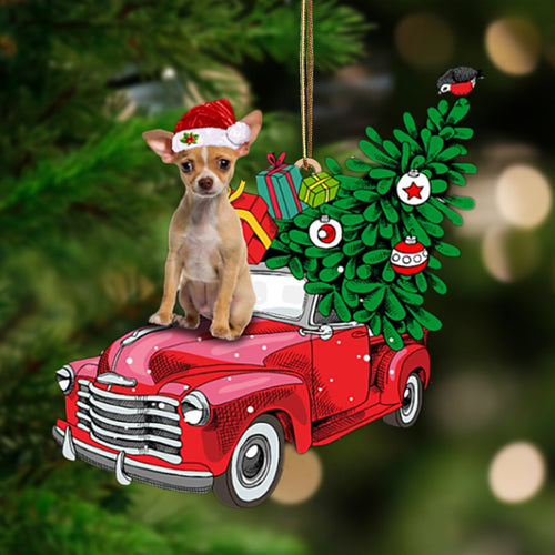 Godmerch- Ornament- TAN Chihuahua 2-Pine Truck Hanging Ornament, Happy Christmas Ornament, Car Ornament