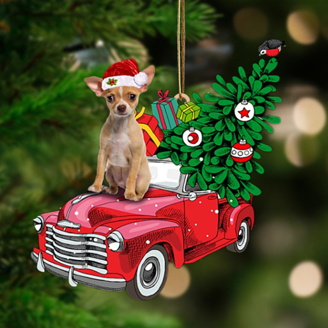 Godmerch- Ornament- TAN Chihuahua 2-Pine Truck Hanging Ornament, Happy Christmas Ornament, Car Ornament