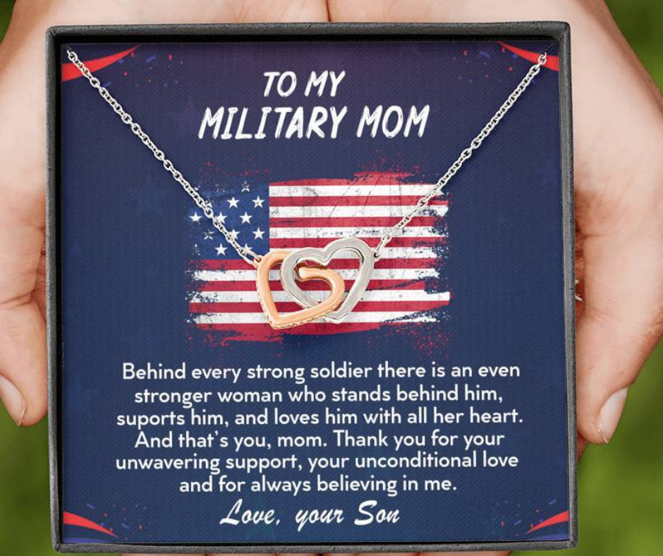 TO MY MILITARY MOM - Two Hearts Embellished With Cubic Zirconia Stones, Interlocking Hearts Necklace