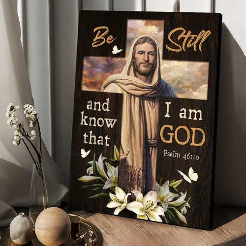 Jesus Lily flowers Cross Be still and know that I am God - Matte Canvas