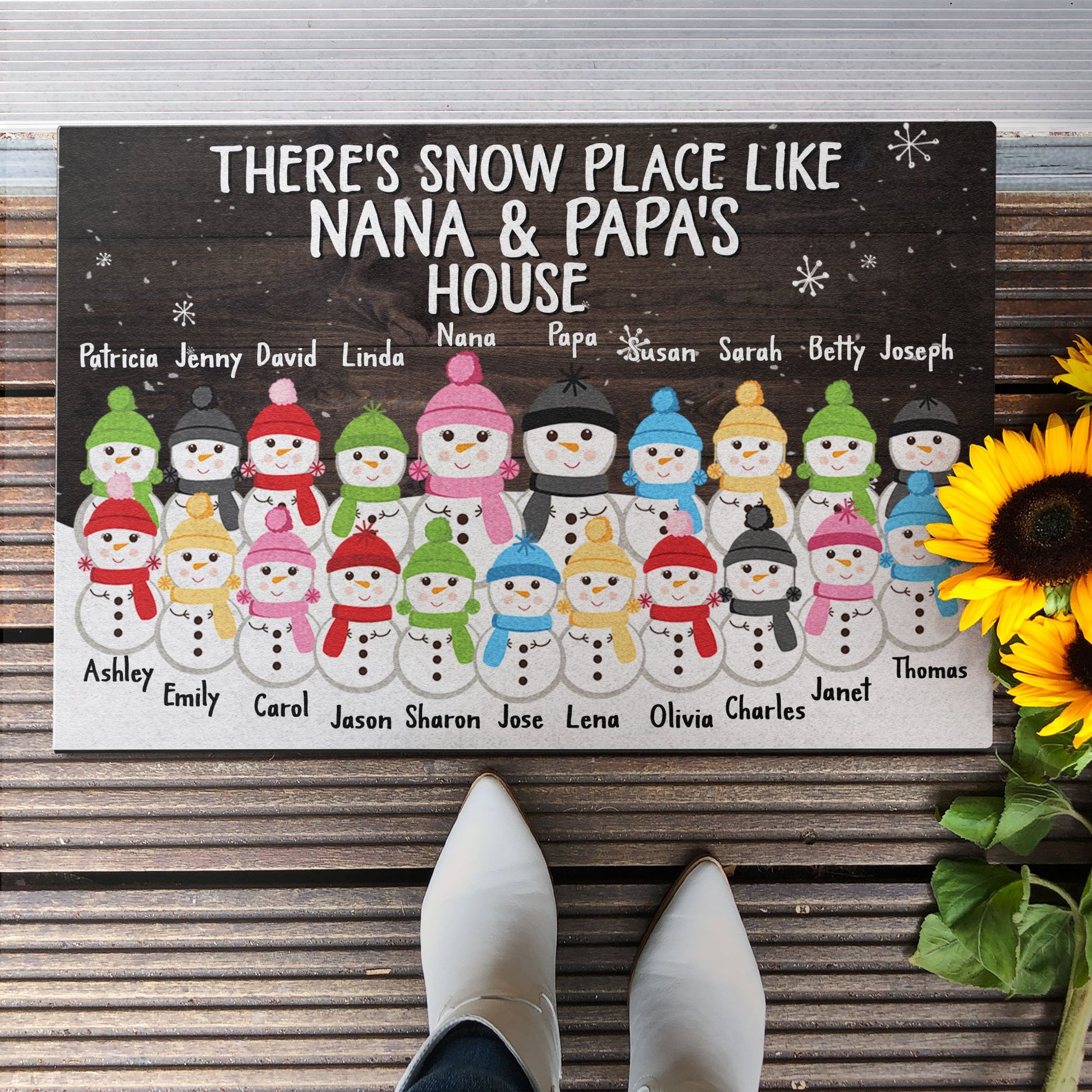 There's Snow Place Like Grandma & Grandpa's House - Personalized Doormat - Christmas Gift For Grandparents, Grandkids - Snowman Family