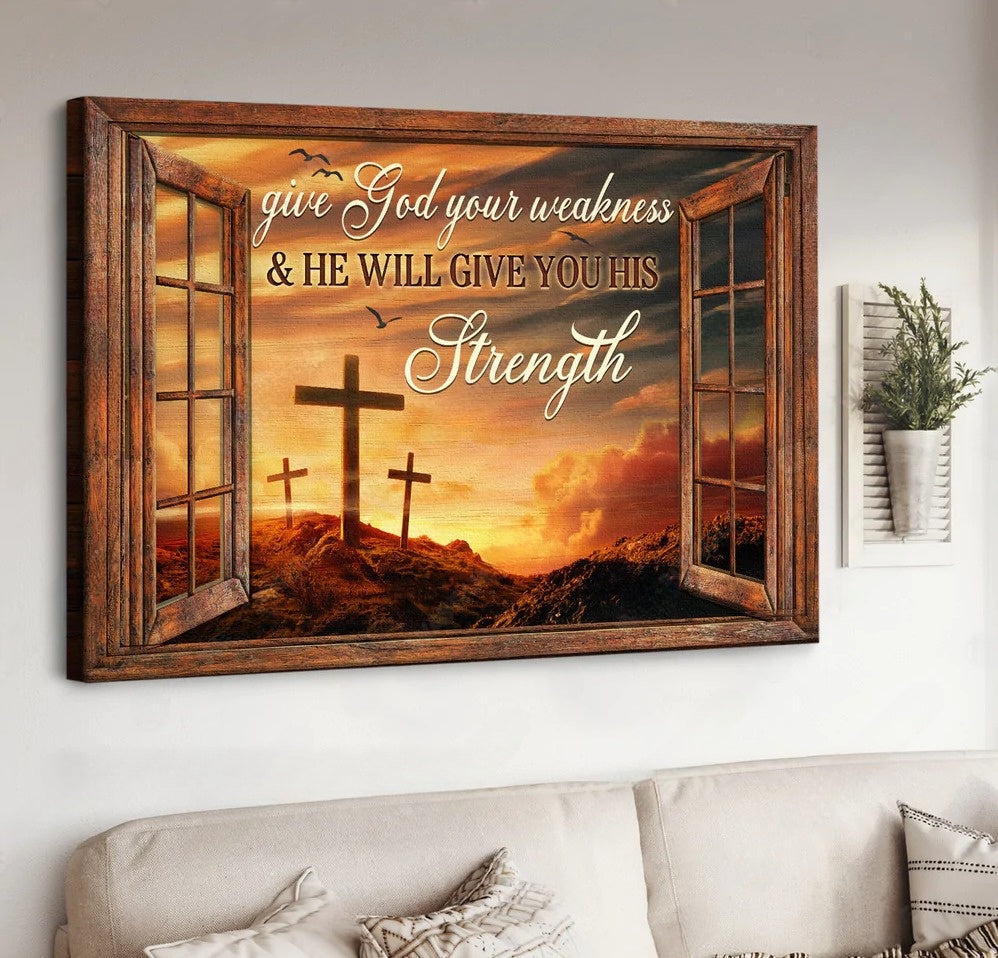 Three wooden crosses Heaven sky Give God your weakness - Matte Canvas