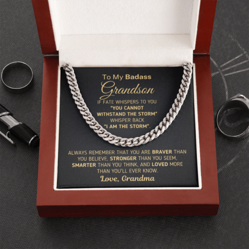 To My Badass Grandson Necklace Withstand The Storm - I Am The Storm Love, Grandma Cuban Link Chain Necklace 343Q - TGV