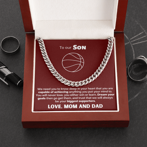 To My Basketball Crazy Son Necklace - Dream Your Goals Then Go Get Them - Cuban Link Chain Necklace - TGV