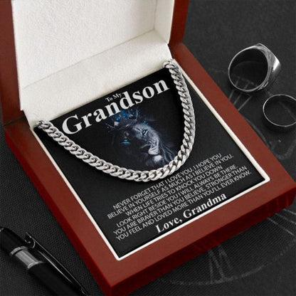 To My Grandson Necklace From Grandma Grandpa - Lion Necklace Look Right Beside You I Will Always Be There - Love , Grandma Grandpa Cuban Link Chain Necklace 071A - TGV