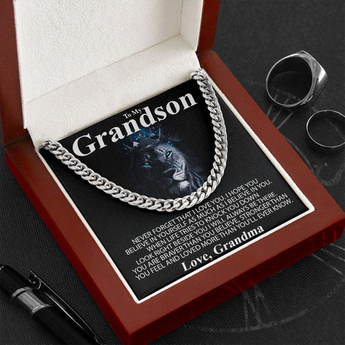 To My Grandson Necklace From Grandma Grandpa - Lion Necklace Look Right Beside You I Will Always Be There - Love , Grandma Grandpa Cuban Link Chain Necklace 071A - TGV