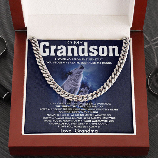 To My Grandson Necklace from Grandma Grandpa - I will always have you - Wolf Wolves Necklace Cuban Link Chain Necklace 070B - TGV