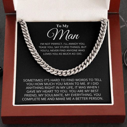 To My Man Necklace Gift - Boyfriend Husband Gift - I'm not perfect - You complete me and make me a better person Cuban Link Chain Necklace 035G - TGV