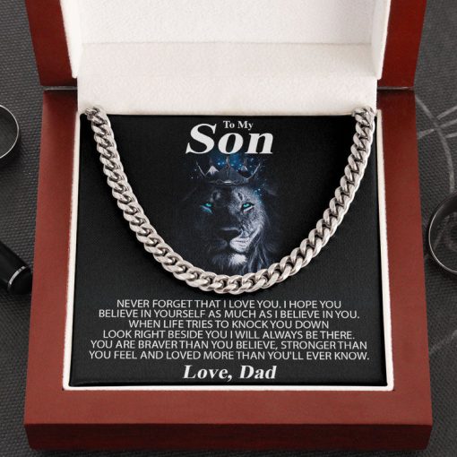 To My Son Necklace From Mom, Dad - Lion Necklace Look Right Beside You I Will Always Be There - Love , Mom Dad Cuban Link Chain Necklace 071A - TGV