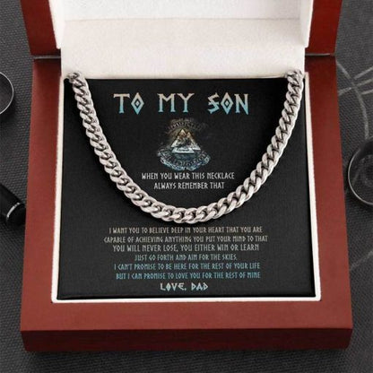 To My Son Necklace Gift - Viking Style You Will Never Lose, You Either Win Or Learn Just Go Forth and Aim For The Skies Cuban Link Chain Necklace 344B - TGV