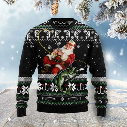 Santa Claus Fishing Ugly Christmas Sweater 