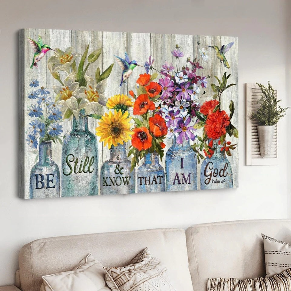 Vintage flower Hummingbird Be still and know that I am God - Matte Canvas
