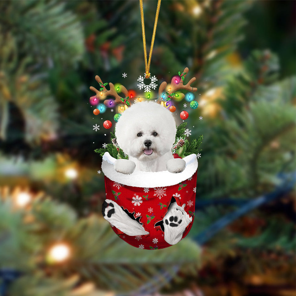 Ornament- WHITE Bichon Frise-In Christmas Pocket Two Sides Ornament, Happy Christmas Ornament, Car Ornament