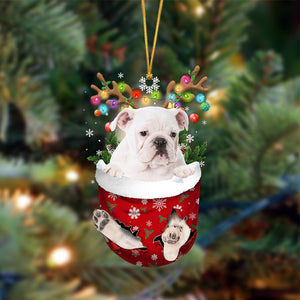 Godmerch- Ornament- WHITE English Bulldog-In Christmas Pocket Two Sides Ornament, Christmas Ornament, Car Ornament