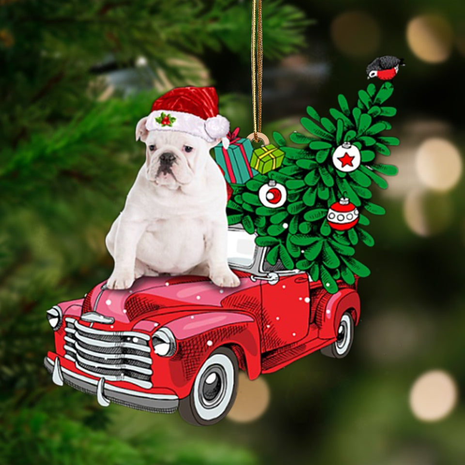 WHITE English Bulldog-Pine Truck Hanging Ornament