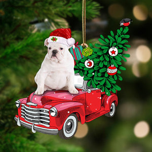 Godmerch- Ornament- WHITE English Bulldog-Pine Truck Hanging Ornament, Happy Christmas Ornament, Car Ornament