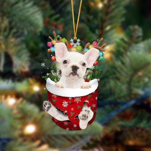 Ornament- WHITE French Bulldog-In Christmas Pocket Two Sides Ornament, Happy Christmas Ornament, Car Ornament