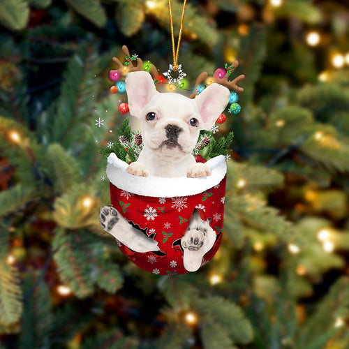 WHITE French Bulldog In Snow Pocket Christmas Ornament Flat Acrylic Dog Ornament