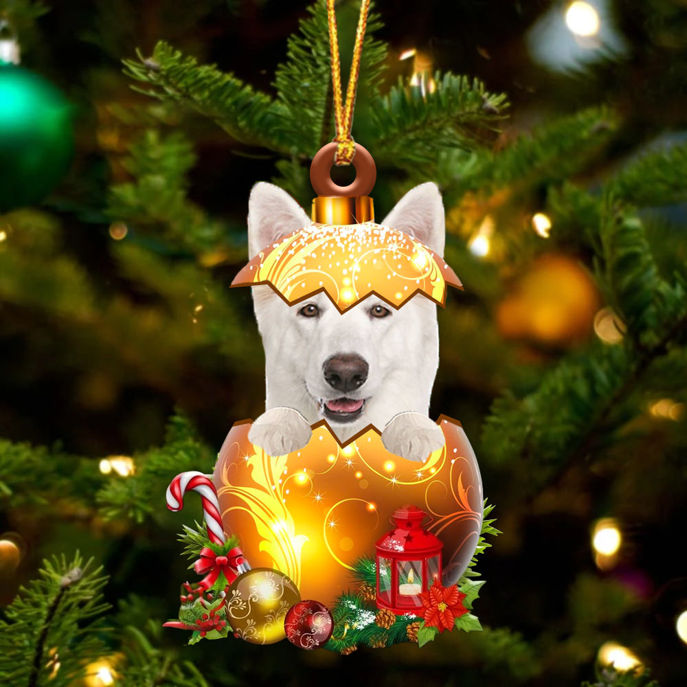 WHITE German Shepherd In Golden Egg Christmas Ornament