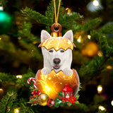 WHITE German Shepherd In Golden Egg Christmas Ornament