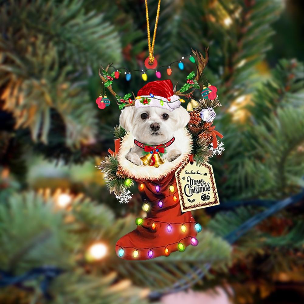 Godmerch- Ornament- WHITE Maltese-Xmas Boot-Two Sided Ornament, Happy Christmas Ornament, Car Ornament