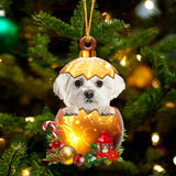 WHITE Maltese In Golden Egg Christmas Ornament