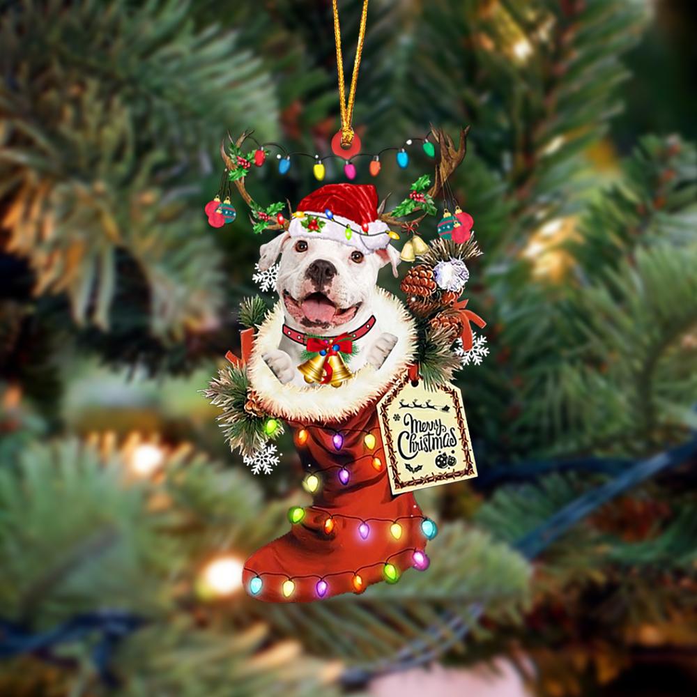 Godmerch- Ornament- WHITE Pitbulll-Xmas Boot-Two Sided Ornament, Happy Christmas Ornament, Car Ornament