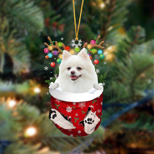 Ornament- WHITE Pomeranian-In Christmas Pocket Two Sides Ornament, Happy Christmas Ornament, Car Ornament