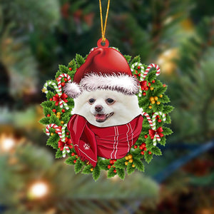 Godmerch- Ornament- WHITE Pomeranian-Xmas Bandana Hanging Ornament, Happy Christmas Ornament, Car Ornament