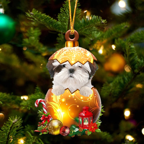 WHITE Shih Tzu In Golden Egg Christmas Ornament