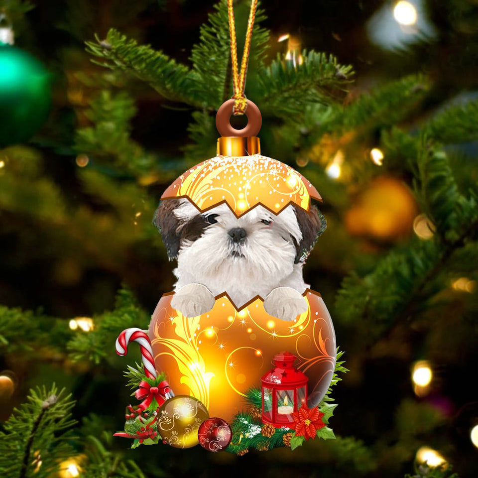 WHITE Shih Tzu In Golden Egg Christmas Ornament