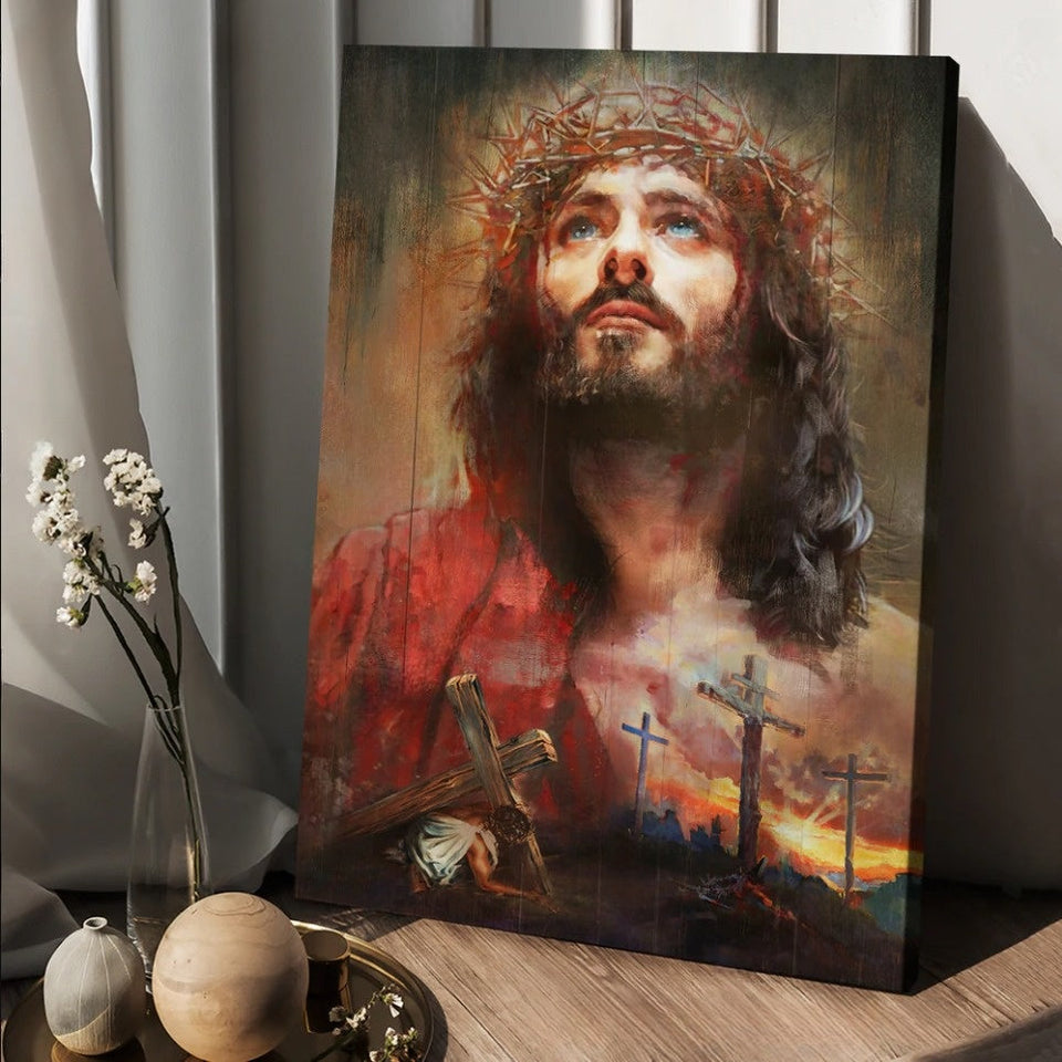 Watercolor Jesus painting, Crown of thorn, Cross symbol - Matte Canvas