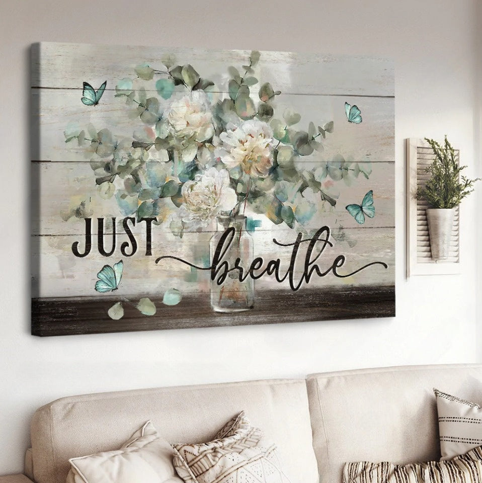 Watercolor jasmine Blue butterfly Just breathe - Matte Canvas