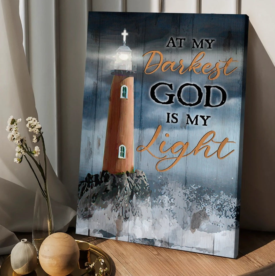 Watercolor lighthouse, Stunning ocean, At my darkest God is my light - Matte Canvas