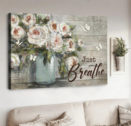 Watercolor rose, Newspaper background, Butterfly, Just breathe - Matte Canvas