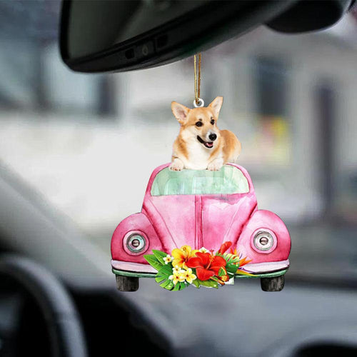 Welsh Corgi-Pink Hippie Car-Two Sided Ornament